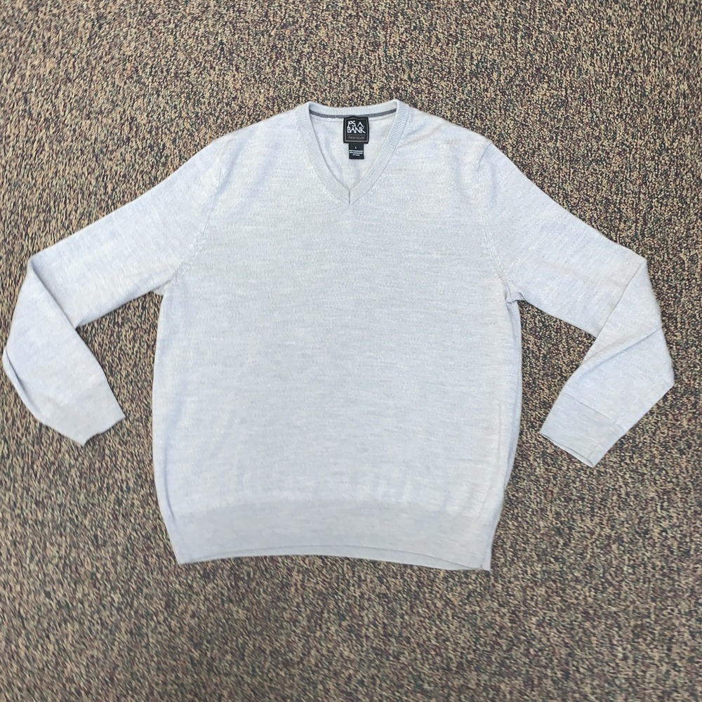 Jos A Bank Men's100% Merino Wool V-Neck Sweater Sz L Gray Casual Lightweight